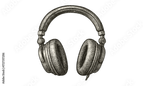 Vintage headphones illustration in etching style for retro audio design