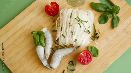 preparing to cook rice noodles, on a wooden board