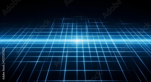 Dynamic digital grid with vibrant blue neon lines receding into dark cyberspace, symbolizing data flow and connectivity.
