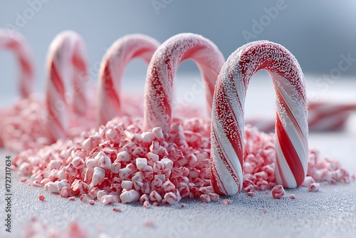 Wallpaper Mural Several small candy canes laying on a table, covered in crushed candy cane pieces, creating a festive, sweet holiday atmosphere. Torontodigital.ca