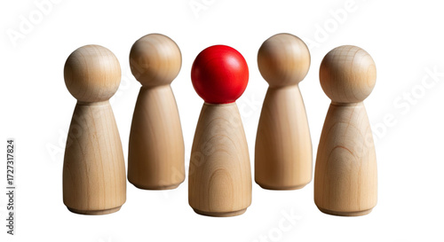 Five wooden peg dolls, one with a bright red ball, stands out. Symbolizing uniqueness, individuality, and leadership on white.