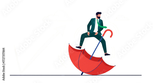 Vector illustration of a businessman balancing on an upside-down red umbrella. Business risk and instability concept.