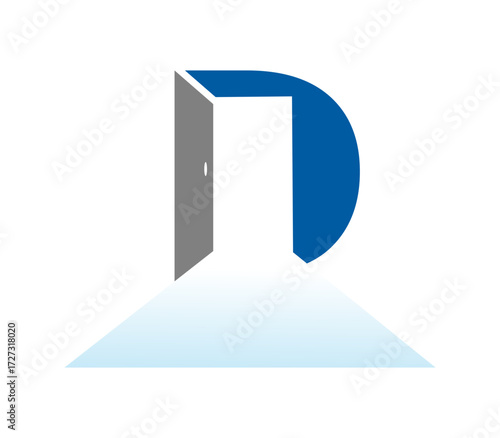 An open door with a blue letter d in the background