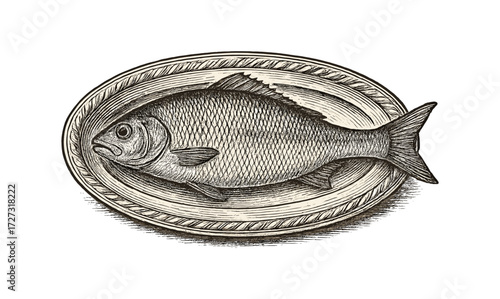 Vintage antique fish platter illustration for culinary art and kitchen decor