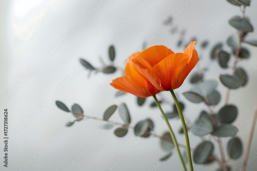 Naklejka premium Delicate orange poppy flower with soft green eucalyptus leaves against a blurred light background creating a gentle and serene botanical composition