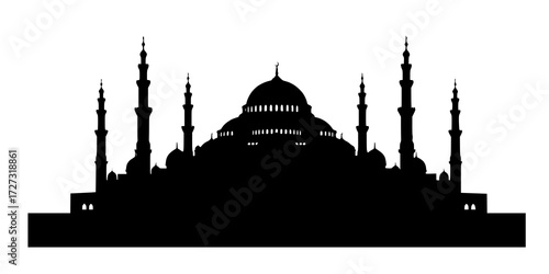 Mosque panoramic silhouette with multiple minarets for islamic
