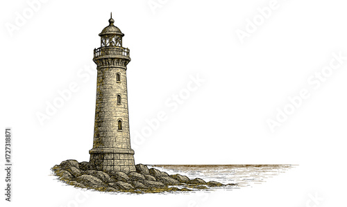 Vintage lighthouse illustration on coastal rocks for nautical design and decor
