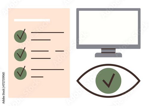Checklist with green checkmarks, computer monitor, and eye with checkmark representing task review, organization, and productivity. Ideal for planning, monitoring, workflow, focus evaluation