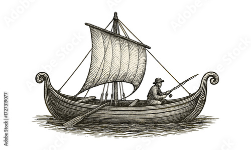 Vintage fisherman in rowboat with sail - nautical illustration for posters or cards