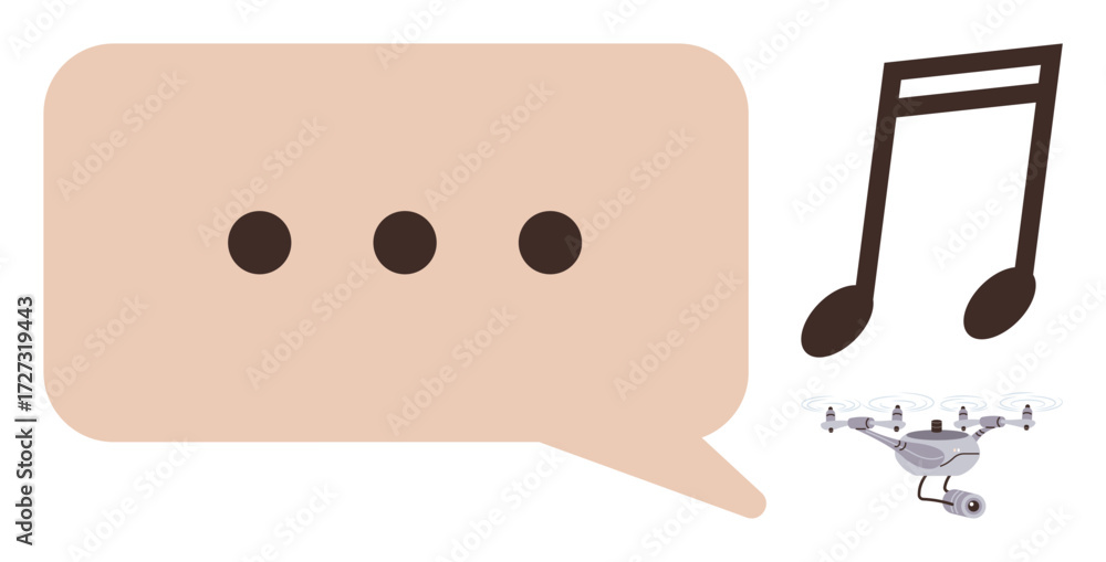 Fototapeta premium Chat bubble with dots signifies communication, musical note symbolizes art and creativity, and flying quadcopter represents modern technology. Ideal for innovation, media, creativity, tech, sound