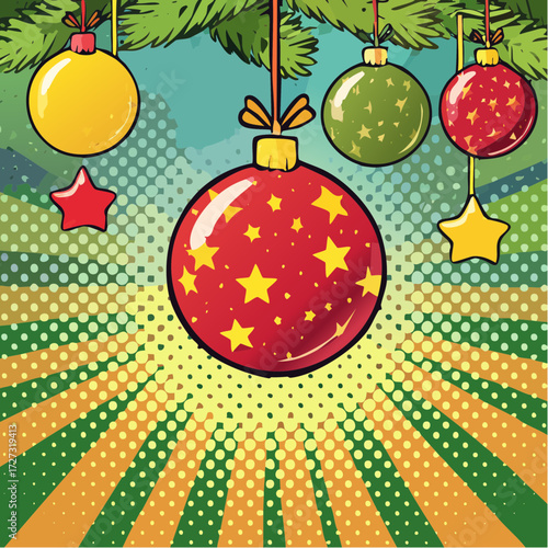 ornaments hanging from branch of Christmas tree with string lights