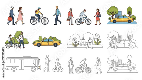 Urban and Landscape Elements Vector Set – People, Vehicles, and Plants in Silhouette and Outline Styles AI EPS PNG JPEG
