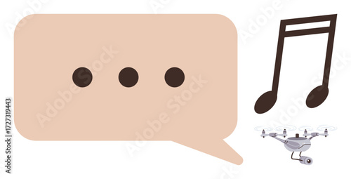 Chat bubble with dots signifies communication, musical note symbolizes art and creativity, and flying quadcopter represents modern technology. Ideal for innovation, media, creativity, tech, sound