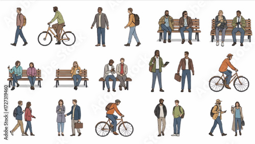 Urban and Landscape Elements Vector Set – People, Vehicles, and Plants in Silhouette and Outline Styles AI EPS PNG JPEG
