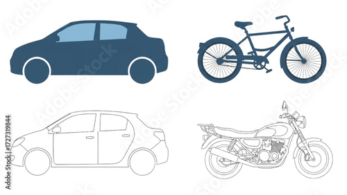 Urban and Landscape Elements Vector Set – People, Vehicles, and Plants in Silhouette and Outline Styles AI EPS PNG JPEG
