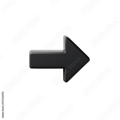 Three-Dimensional Black Arrow Pointing Right with Shiny Surface and Smooth Edges for Modern Design Usage