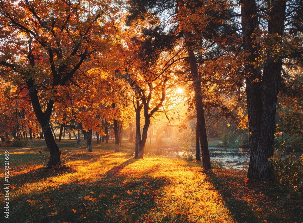 Obraz premium Autumn park bathed in golden sunlight