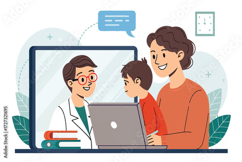 Virtual healthcare consultation for child, mother connecting with doctor online