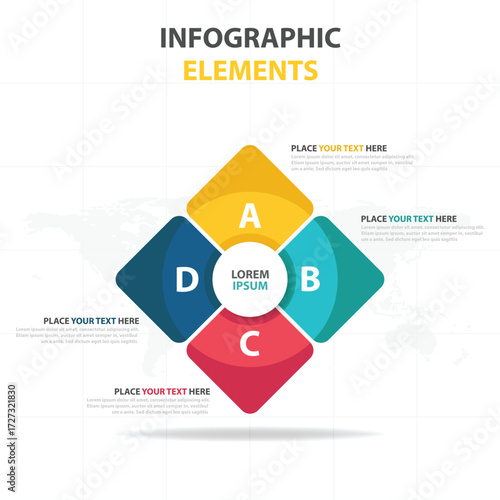 Colorful infographic elements with four diamond shapes arranged in a circular pattern around a central circle