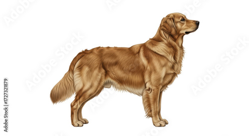 Isolated Golden Retriever dog standing in profile, pet portrait with furry coat, animal friend