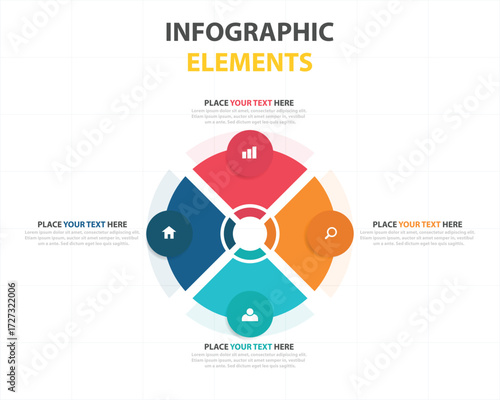 Colorful infographic elements with four interconnected sections for data visualization and presentation