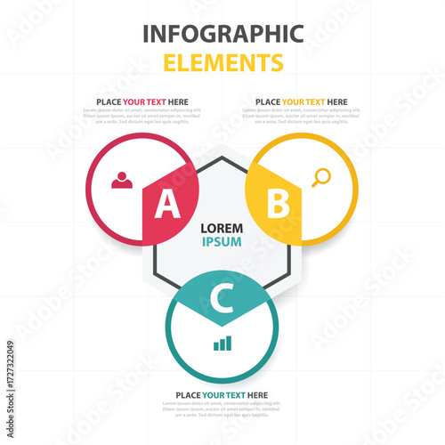 Infographic elements with three circular segments and connecting lines for data visualization and presentation