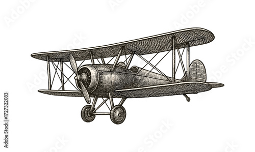 Vintage biplane illustration in engraving style for aviation-themed design and decoration