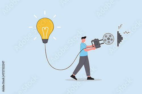 Problem solving idea, business leader merges concept of electricity with light bulb illumination.