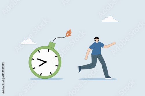 Time management, entrepreneur fleeing from detonating time bomb.