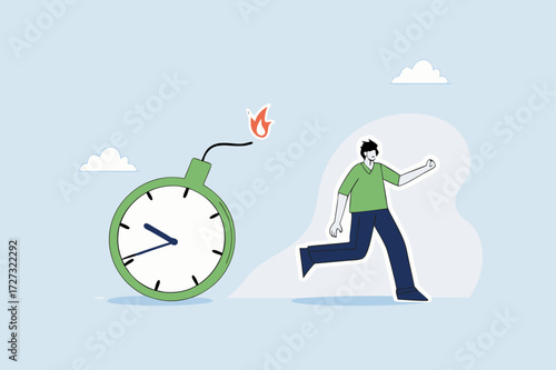 Time management, entrepreneur fleeing from detonating time bomb.