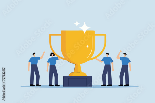 Team success recognition, joy achievement entrepreneurs group celebrating with victory trophy.