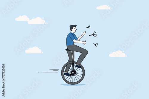 businessman manager riding Unicycle balance, juggling team members diversify people.