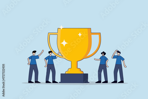 Team success recognition, joy achievement entrepreneurs group celebrating with victory trophy.