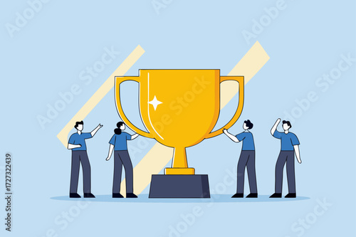 Team success recognition, joy achievement entrepreneurs group celebrating with victory trophy.