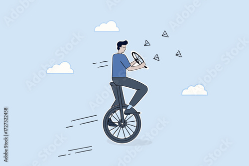 businessman manager riding Unicycle balance, juggling team members diversify people.