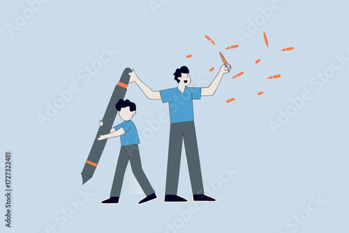 young pity woman working hard holding big pencil with bigger businessman liar get reward from her work.