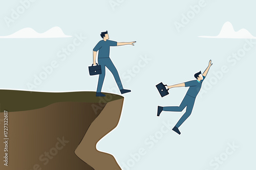businessman kicked his business partner to fall off cliff.