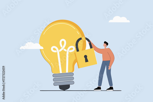 Intellectual property, entrepreneur holding glowing light bulb concept for secured padlock trademarks.