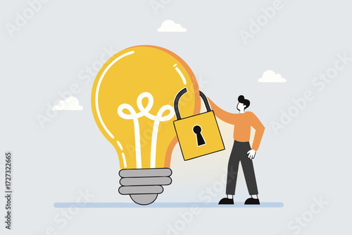 Intellectual property, entrepreneur holding glowing light bulb concept for secured padlock trademarks.