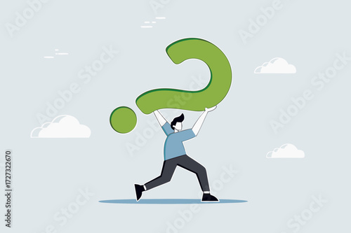 frustrated trying businessman carrying heavy burden of big question mark