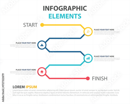 Infographic elements showing a step by step process with start and finish points