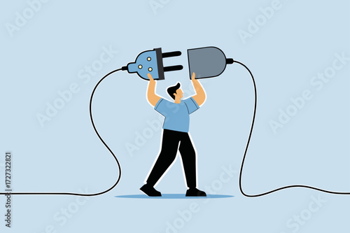 Business continuity, business manager plugs in power cord to continue business.