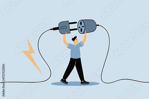 Business continuity, business manager plugs in power cord to continue business.