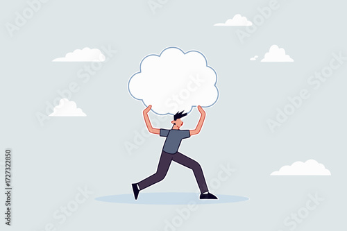 depressed businessman carries heavy burden of thought bubbles.