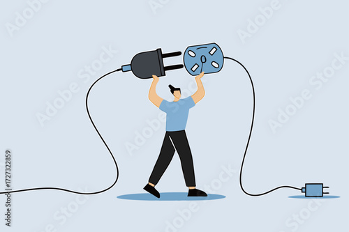 Business continuity, business manager plugs in power cord to continue business.