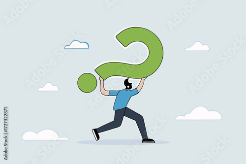 frustrated trying businessman carrying heavy burden of big question mark