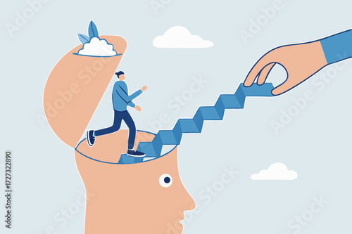 Personal development, entrepreneur ascending stairs originating from his own mind.