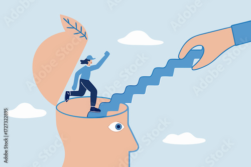Personal development, entrepreneur ascending stairs originating from his own mind.