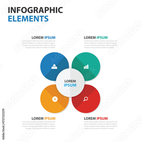 Four colorful circular infographic elements with icons and text placeholders for data visualization