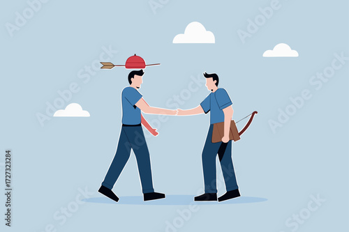 Trusted partner, businessmen agreeing after risky archery apple shot display through handshake.